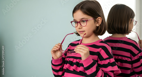 Adorable Girl Child with Stylish Pink Eyeglasses Perfect Vision Care for Kids Eye Health Fashionable Frames Childrens Eyewear Cute Girl Glasses Optician