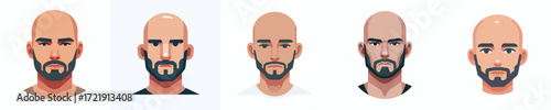 Vector Avatar of a bald man's face with a thin beard, medium skin, serious expression