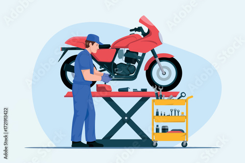 Skilled mechanic repairs vibrant red motorcycle on a lift with tools nearby automotive service and maintenance concept