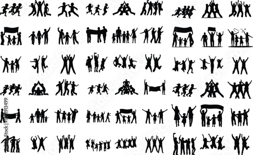 Groups of Happy People Silhouette Icon Collection Joyful Crowd and Friends Vector Silhouette Set