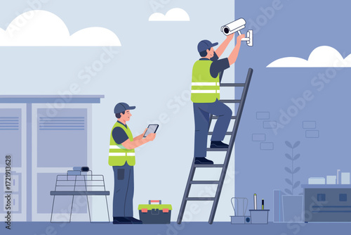 Two electricians working on exterior building maintenance and repair using a ladder and tools for professional service and upkeep