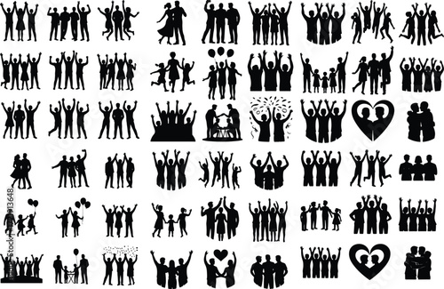 Groups of Happy People Silhouette Icon Collection Joyful Crowd and Friends Vector Silhouette Set