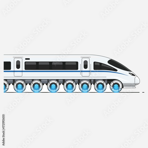 Futuristic high-speed bullet train illustration showcasing modern innovative transport technology. Sleek white design with glowing blue elements, symbolizing rapid progress and efficient future travel