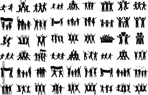 Groups of Happy People Silhouette Icon Collection Joyful Crowd and Friends Vector Silhouette Set