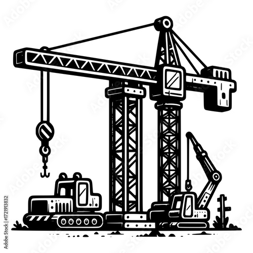 Industrial heavy machinery, like a construction crane vector silhouette, at a city building site for development