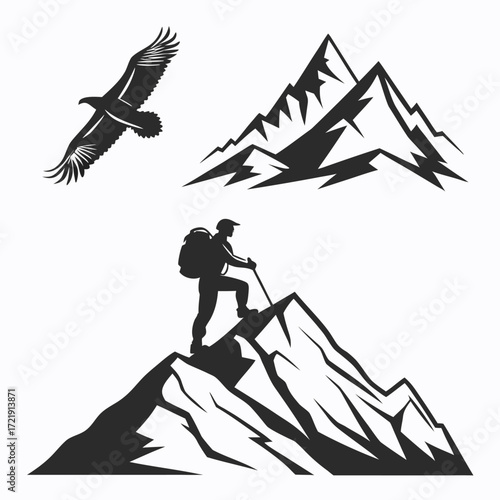 Silhouette of a hiker on a mountain peak with an eagle flying and a mountain range on a white background