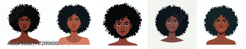 Vector Avatar of a woman's face with afro curly hair, dark skin, confident expression