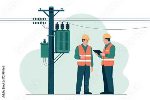 Electricians inspecting power transformer on utility pole with digital tablet for grid maintenance and safety