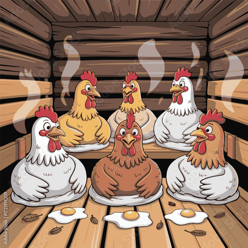 Six cartoon chickens sitting in a wooden sauna with fried eggs on plates fowl poultry