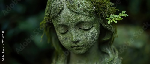 Wallpaper Mural Weathered stone angel statue with moss green serene peaceful nature Torontodigital.ca