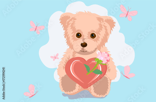 Valentine day teddy bear love heart. Cute Teddy Bear with heart on a blue background.