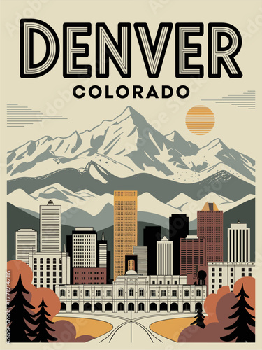 Retro vector poster of Denver, Colorado. Panoramic skyline with modern and classic buildings, snow-capped mountains, autumn park, and serene lake. Bold text highlights city charm