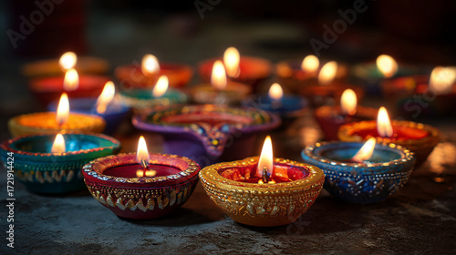 A festive array of diwali diyas illuminating the scene with warm light and vibrant colors displayed