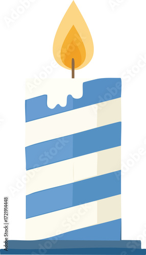 A tall, cylindrical candle with blue and white diagonal stripes, topped with a lit flame.