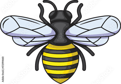 Cartoon bee with black and yellow stripes and translucent wings