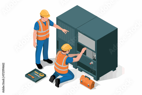 Two construction workers in safety vests and helmets repairing a large piece of industrial equipment isometric view