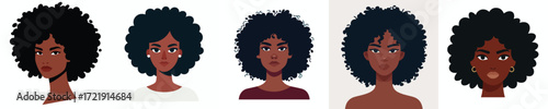 Vector Avatar of a woman's face with afro curly hair, dark skin, confident expression