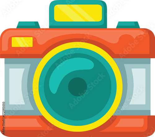 Cartoon camera with orange body and teal lens