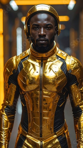 Man in gold futuristic space suit