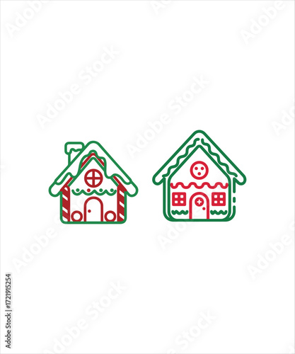 Two Green and Red Gingerbread House Illustrations christmas holiday winter vector icon design sweet candy home cute decoration festive