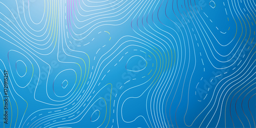 Modern topographic map with white contour lines on a blue gradient background.