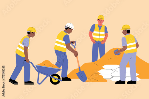 Construction workers building site safety gear hard hats yellow vests manual labor teamwork digging sand with shovels and wheelbarrow