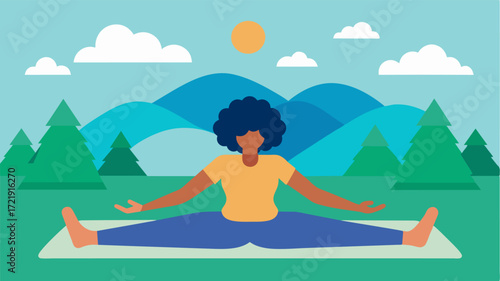 A person lying on a yoga mat outdoors surrounded by nature with their arms outstretched and eyes closed in a pose of relaxation. This represents the physical and mental benefits of. Vector