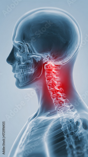 Human neck anatomy showing pain relief process in a medical illustration with highlighted cervical spine section
