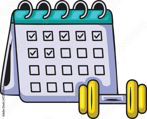 Calendar with checked boxes next to a dumbbell