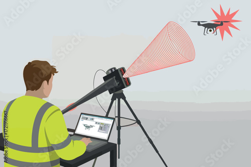 Worker operates drone surveillance system using laptop and targeting device for aerial observation and data collection