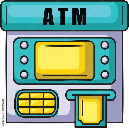 Cartoon ATM with screen keypad and cash dispenser