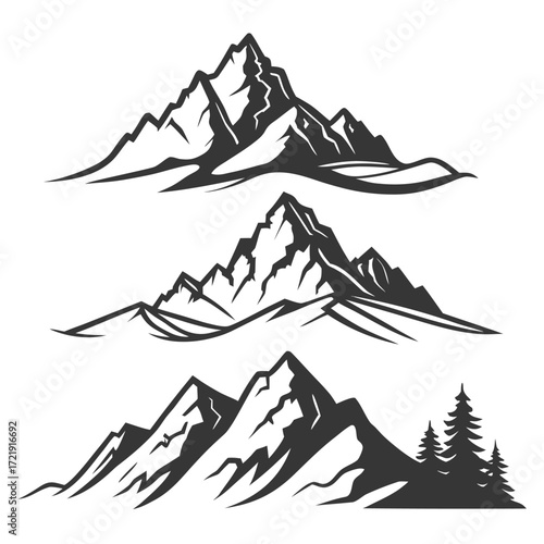 Three distinct black and white vector illustrations of stylized mountain ranges with varied peaks and contours Keywords: mountain, mountains, range, peaks, silhouette, black, white, vector