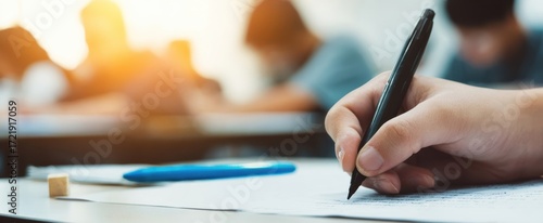 The student writing notes during an exam in a busy classroom setting.
