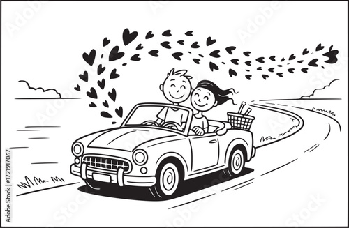 A Love-Filled Journey: Two lovebirds embark on a romantic road trip in a classic convertible, leaving a trail of heart symbols, showcasing the freedom and joy of their shared adventure.