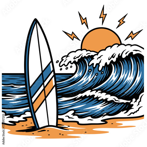 Surfboard on a sunny beach with ocean waves.
