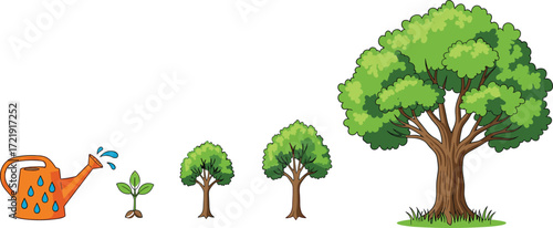 Tree growth stages illustration, sprout to mature tree, watering can concept, nature development art, plant lifecycle graphic, green foliage design