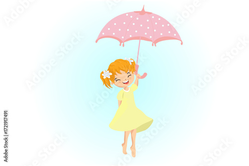 Cute little girl in flying away in the sky with her pink umbrella. Vector funny illustration. Textile apparel print, wall art.