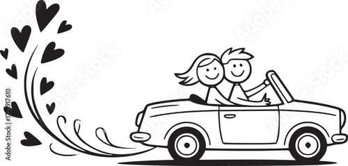 Love Ride Illustration: A whimsical illustration depicts a loving couple embarking on a joyful journey in a convertible car, leaving a trail of hearts in their wake.
