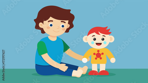 A child with autism using a personalized therapy doll to learn social skills practicing greetings and emotional expression with their doll as a model.. Vector illustration