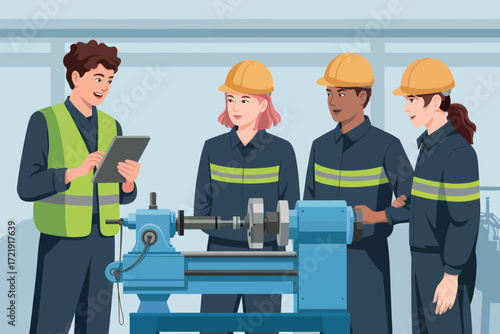 Diverse team of factory workers in safety gear collaborating around machinery for industrial training and production efficiency