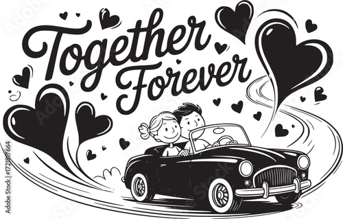 Together Forever: A whimsical illustration capturing a romantic journey of a couple in a classic car, surrounded by hearts, symbolizing everlasting love and commitment.