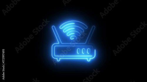 Glowing neon network router with antennas and wireless signal icon on black background. wireless ethernet modem router concept.