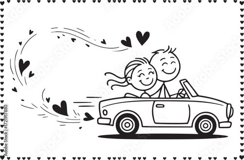 Love's Journey: A heartwarming cartoon depiction of a couple joyfully cruising in a convertible car, love and affection emanate from every detail, creating a visual of unity.