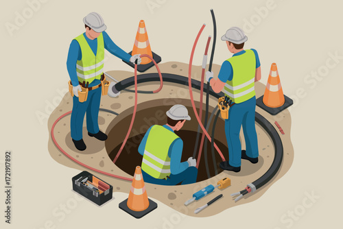 Skilled construction workers in safety vests and hard hats perform maintenance work around a large circular manhole preparing for utility installation