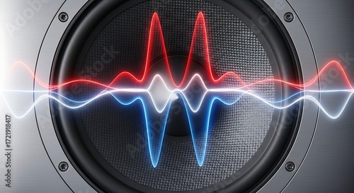 Vibrant glowing red and blue radio frequency waves pulsate across the textured surface of a powerful heavy duty subwoofer speaker cone while reproducing intense high fidelity sonic audio