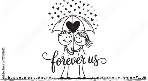 Forever Us: Two stick figures stand united, sheltered under an umbrella, a shower of love hearts surrounding them, an emblem of eternal togetherness and pure affection.