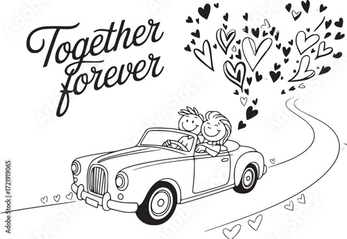 Love's Journey: Hand-drawn illustration captures the romance of together forever with couple in car, with hearts floating in air 