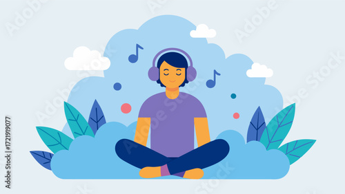 A person with depression finding relief and improved mood through listening to calming and uplifting music.. Vector illustration