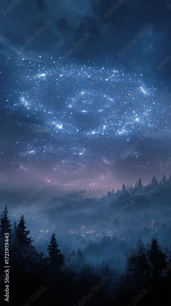 Fototapeta premium Majestic Night Sky Over Misty Forest - Starry Landscape Painting, Dreamy Atmosphere.