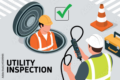Utility inspection safety and professionalism depicted with workers inspecting a manhole and equipment